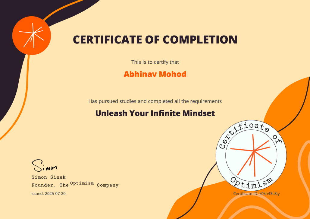 Unleash Your Infinite Mindset certificate