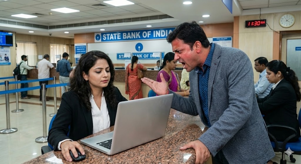 A customer shouting at a bank employee at a State Bank of India counter