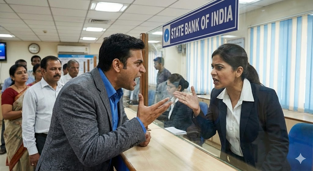 The argument continuing at the State Bank of India counter, with other customers watching