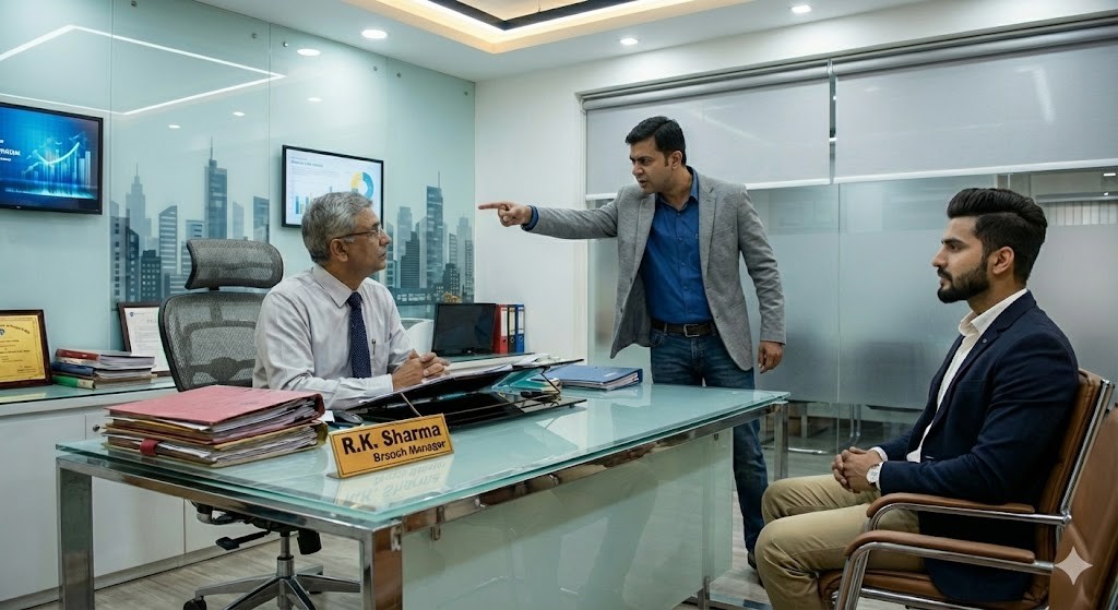 An angry customer confronting the bank manager in his cabin