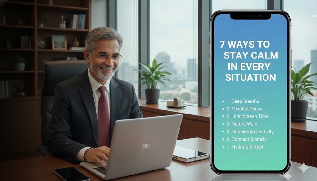 The manager at his desk beside a phone wallpaper listing 7 ways to stay calm in every situation